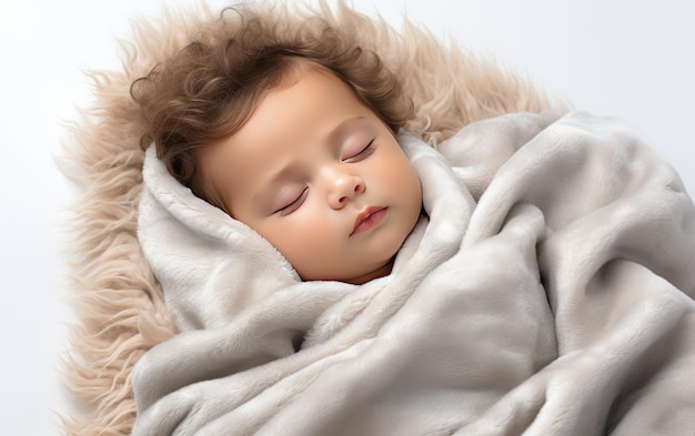 Bebê descansando pacificamente em um cobertor branco isolado em um fundo branco