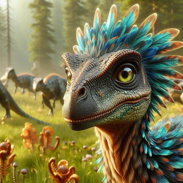 bebé dinosaurio con plumas brillantes y hermosas