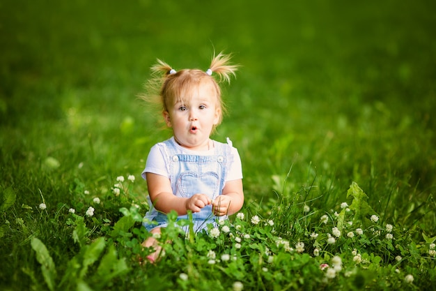 Bebé divertido feliz con dos pequeñas trenzas que se sientan en hierba verde