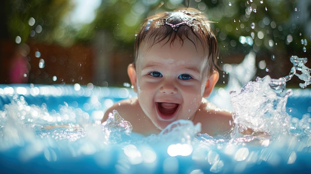 Un bebé divirtiéndose salpicando en una piscina para bebés