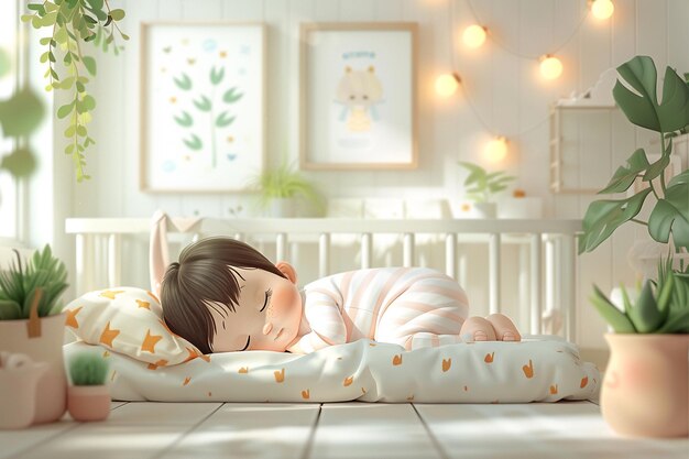 Bebê dorme em pijama listrado rosa e branco em uma cama branca em um quarto gerado por IA