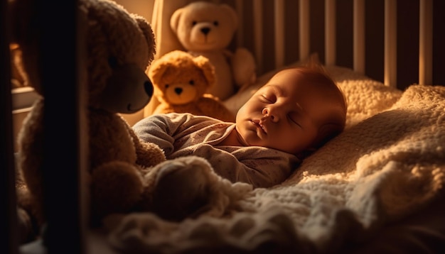 Bebé dormido abraza a su osito de peluche en una cómoda y divertida escena de dormitorio generada por IA