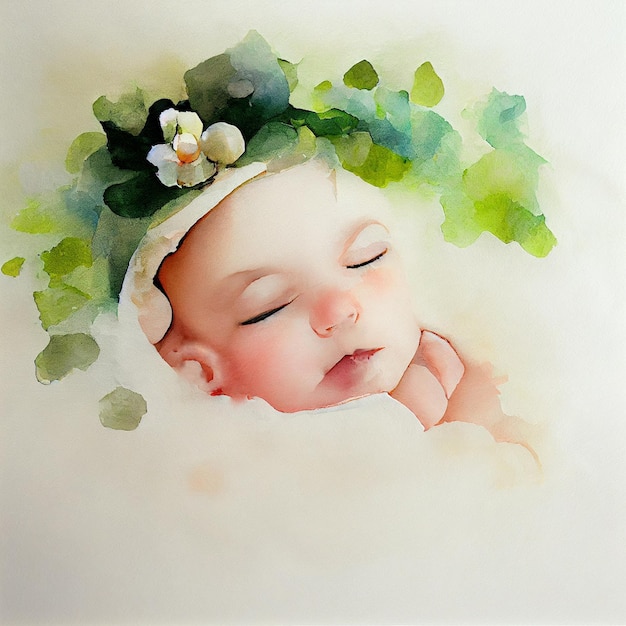 Bebê dormindo com flores. Aquarela de um adorável recém-nascido. Ilustração para nascimento, celebração