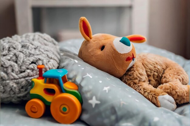 Foto bebê dormindo na cama segurando um ursinho de pelúcia