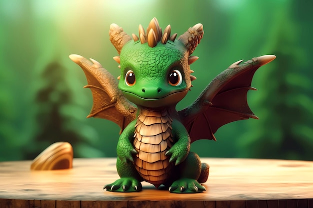 Foto bebê dragão verde de madeira fofo, símbolo do ano novo de 2024