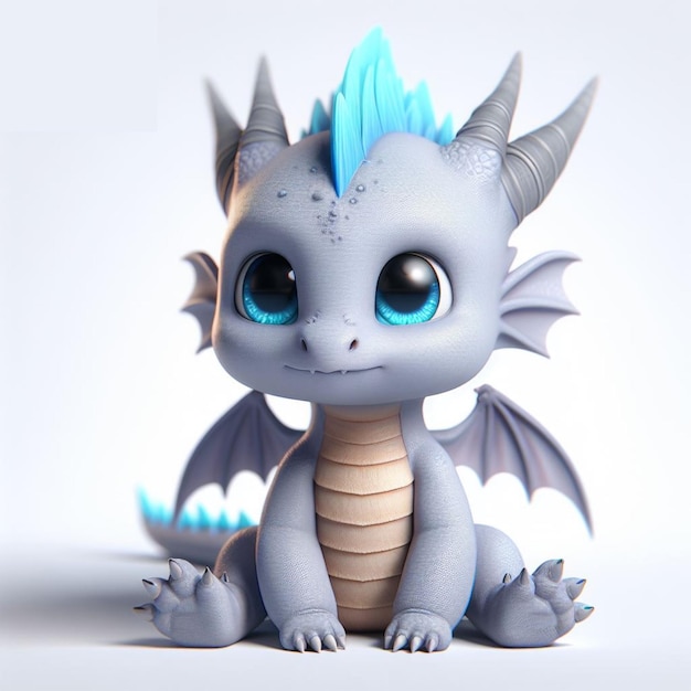 El bebé dragón Chibi en 3D es lindo y adorable, está sentado y su cara está sonriendo.