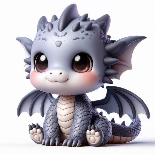 El bebé dragón Chibi en 3D es lindo y adorable, está sentado y su cara está sonriendo.