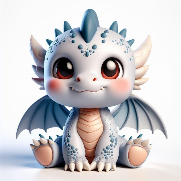 El bebé dragón Chibi en 3D es lindo y adorable, está sentado y su cara está sonriendo.