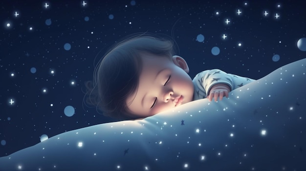 Un bebé duerme en una cama con estrellas al fondo.