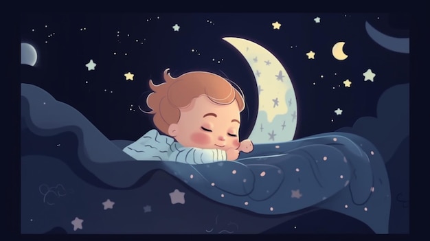 Un bebé duerme en una cama con una luna y estrellas.