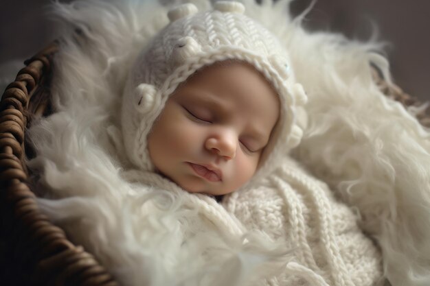 Un bebé duerme en una canasta con un sombrero blanco.