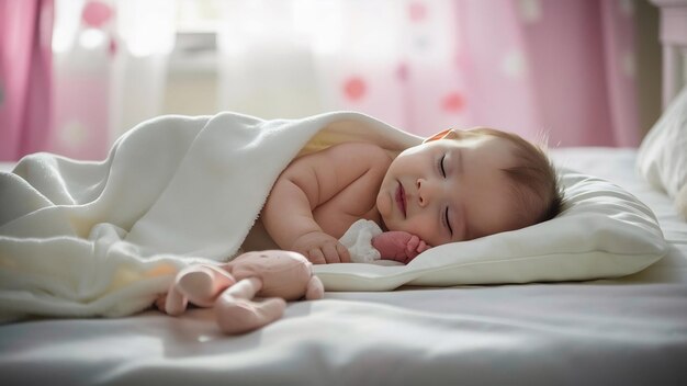 El bebé durmiendo en una cama blanca