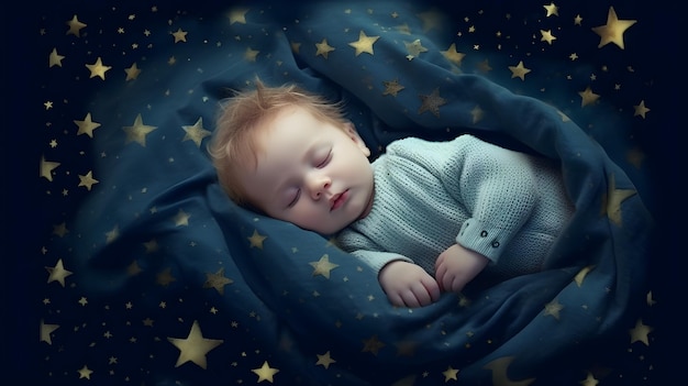 Un bebé durmiendo en una cama con estrellas