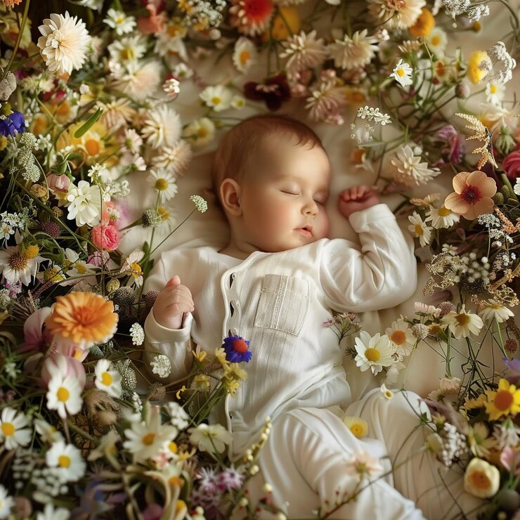 un bebé durmiendo en una cama de flores con un arreglo de flores