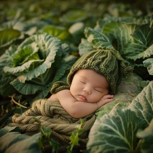 un bebé durmiendo en un campo de hojas con un sombrero en él