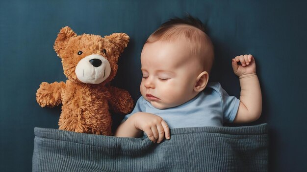 Foto bebé durmiendo en la cuna niño caucásico de un año de edad descansando acostado junto a un animal de peluche