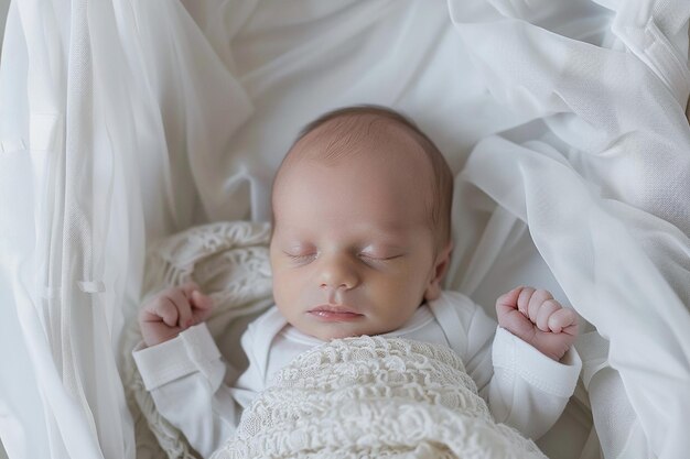 Foto un bebé está durmiendo en una manta blanca con un vestido blanco en él