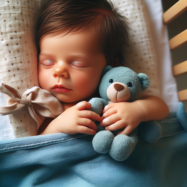 Un bebé durmiendo en paz con un oso de peluche