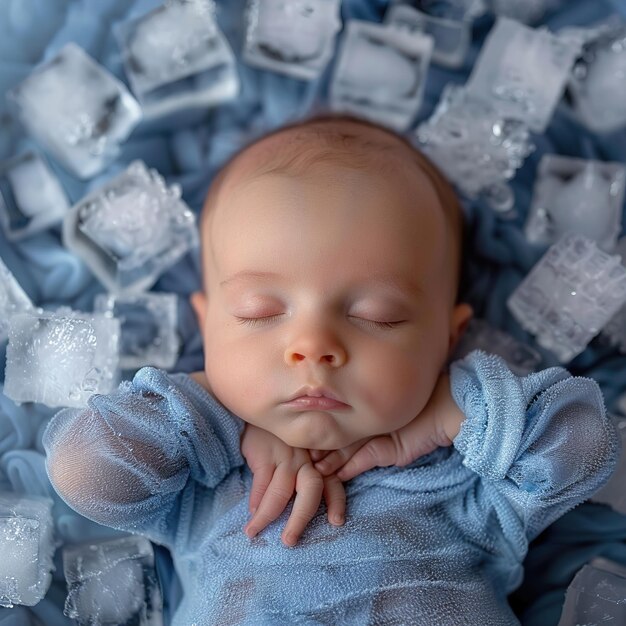 Foto un bebé durmiendo en una pila de cubos de hielo