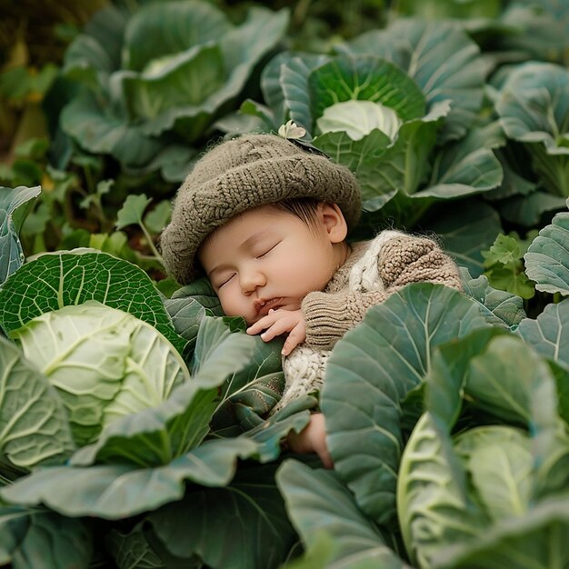 Foto un bebé durmiendo en una pila de hojas con un sombrero en él