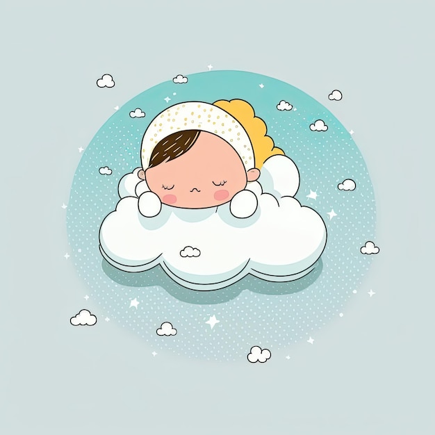 Bebé durmiendo y soñando en una nube esponjosa sobre fondo azul Ilustración en color AI generativa