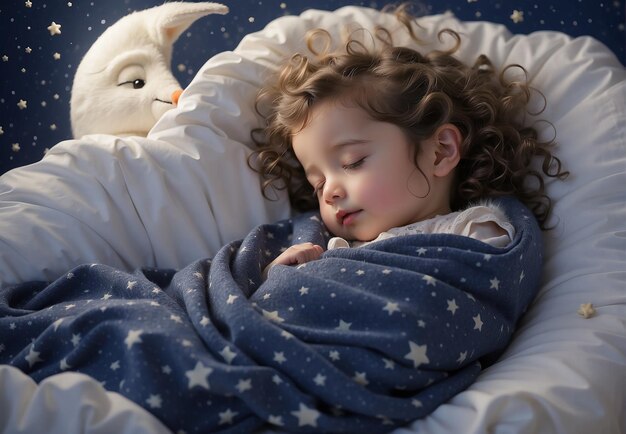 Foto un bebé durmiente durmiendo contra un fondo de cielo estrellado y nubes