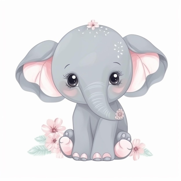 Foto bebê elefante de desenho animado sentado no chão com flores generativo ai