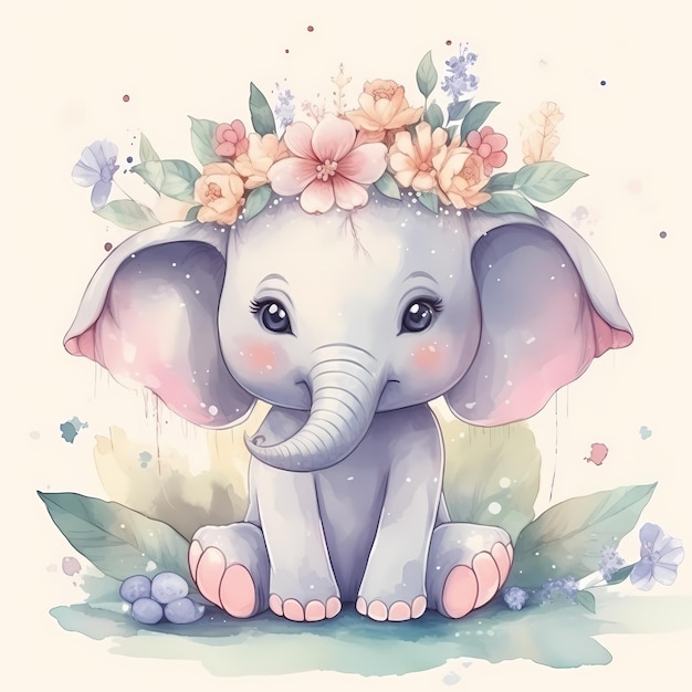 bebé elefante personaje animal con corona estilo acuarela
