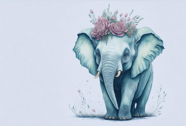 bebé elefante con sombrero de flores color de agua de flores en un fondo suave
