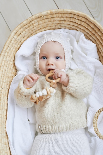 Bebê em berço de vime com brinquedo de madeira Dia das Mães Dia da Proteção das Crianças Criança alegre infância feliz