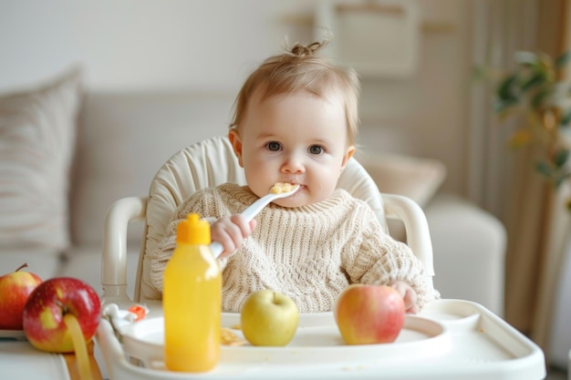 Bebê em cadeira alta comendo puré e maçãs felizmente