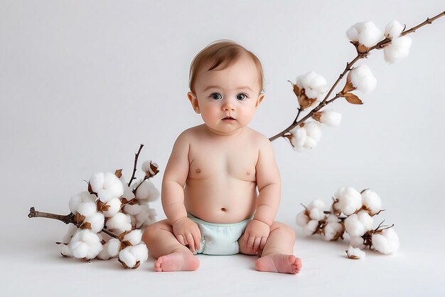 Bebê em fraldas em um fundo branco com um ramo de algodão