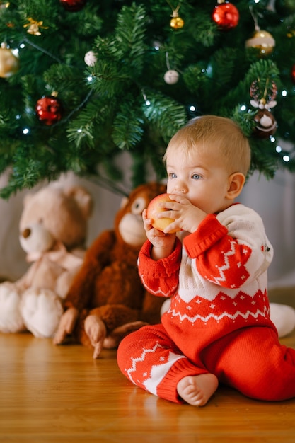 Bebê em um macacão de malha vermelha está comendo uma maçã na frente de uma árvore de Natal.