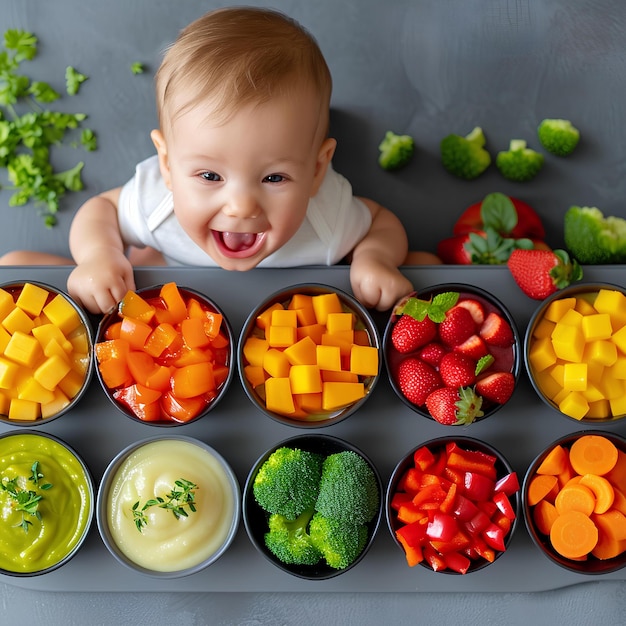 Bebê em uma bandeja com diferentes tipos de vegetais