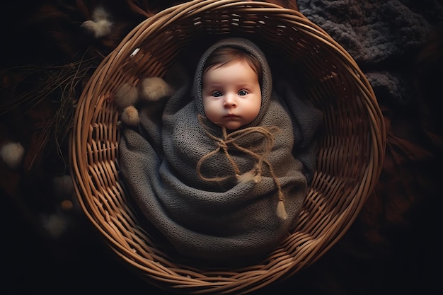 Bebê em uma cesta com um cobertor cinza