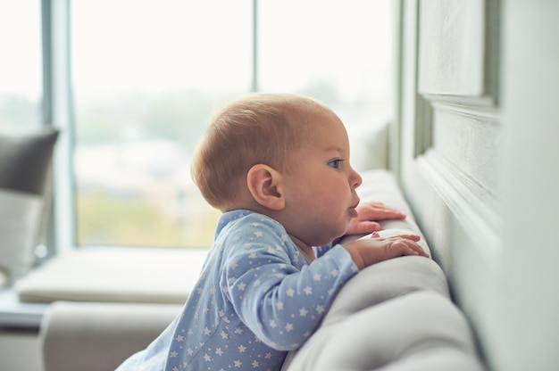 Bebê engatinhando e subindo no sofá em casa