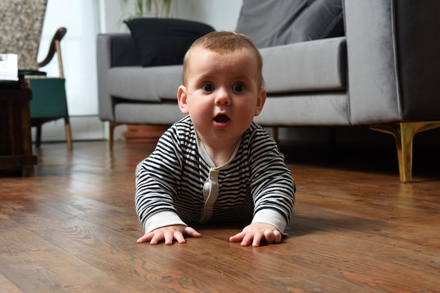 Bebê engatinhando no chão em casa, com piso de madeira