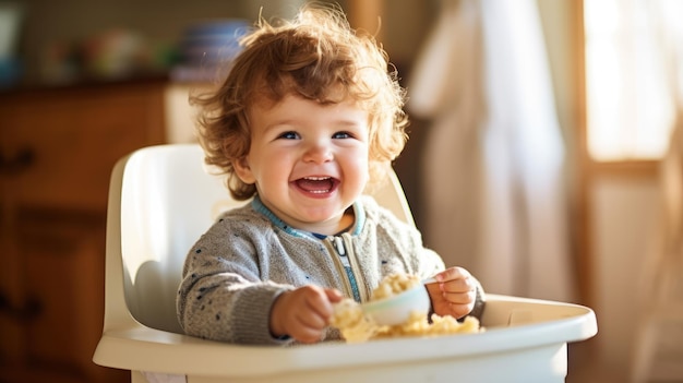 bebê engraçado comendo comida saudável na cozinha