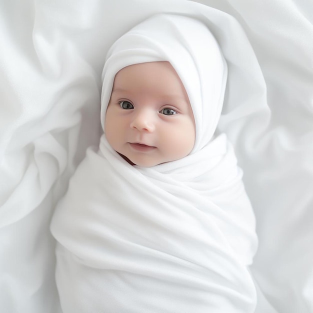 Un bebé envuelto en una manta blanca con un ojo azul.