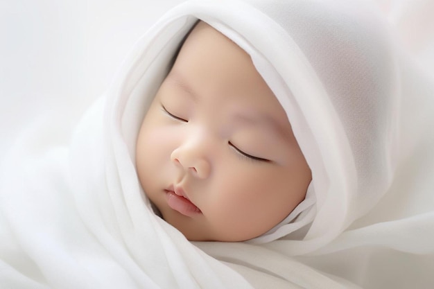 un bebé envuelto en una manta blanca con los ojos cerrados
