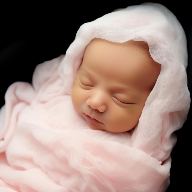 un bebé envuelto en una manta rosada con una cinta blanca en la cabeza.