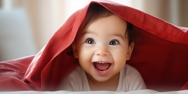 Un bebé escondido en una manta de colores jugando al juego del escondite con IA generativa
