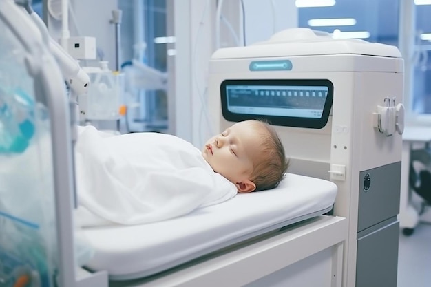 un bebé está acostado en una cama de hospital