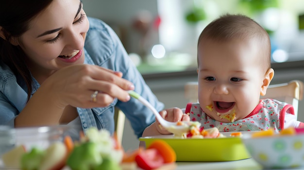 Un bebé está comiendo verduras mientras una madre lleva en la boca