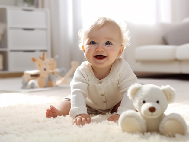 un bebé está jugando con un animal de peluche y un animal de peluche en el fondo