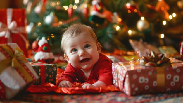 Un bebé está jugando bajo el árbol de Navidad