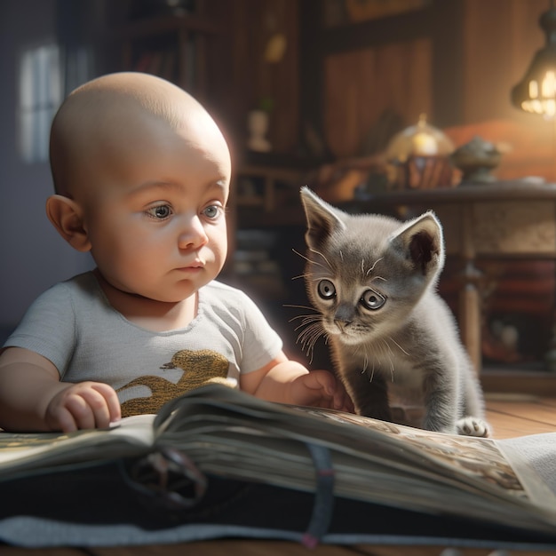 Un bebé está leyendo un libro con un gatito gris.