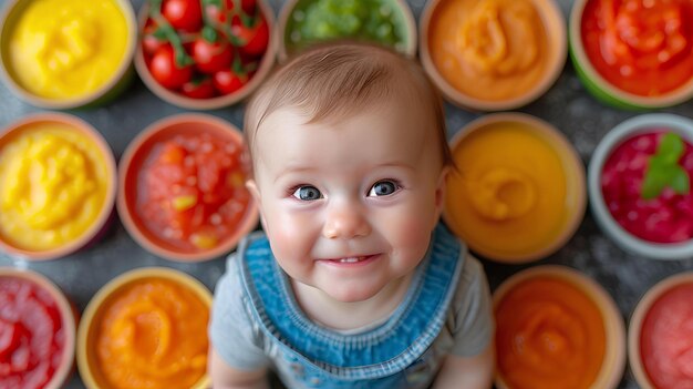 Un bebé está de pie en un círculo de diferentes cuencos de diferentes verduras