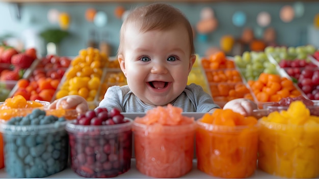 Un bebé está sentado frente a una mesa llena de frutas