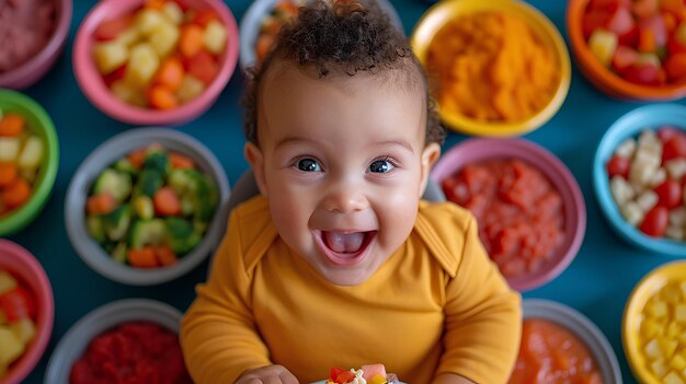 Un bebé está sentado frente a un plato de comida